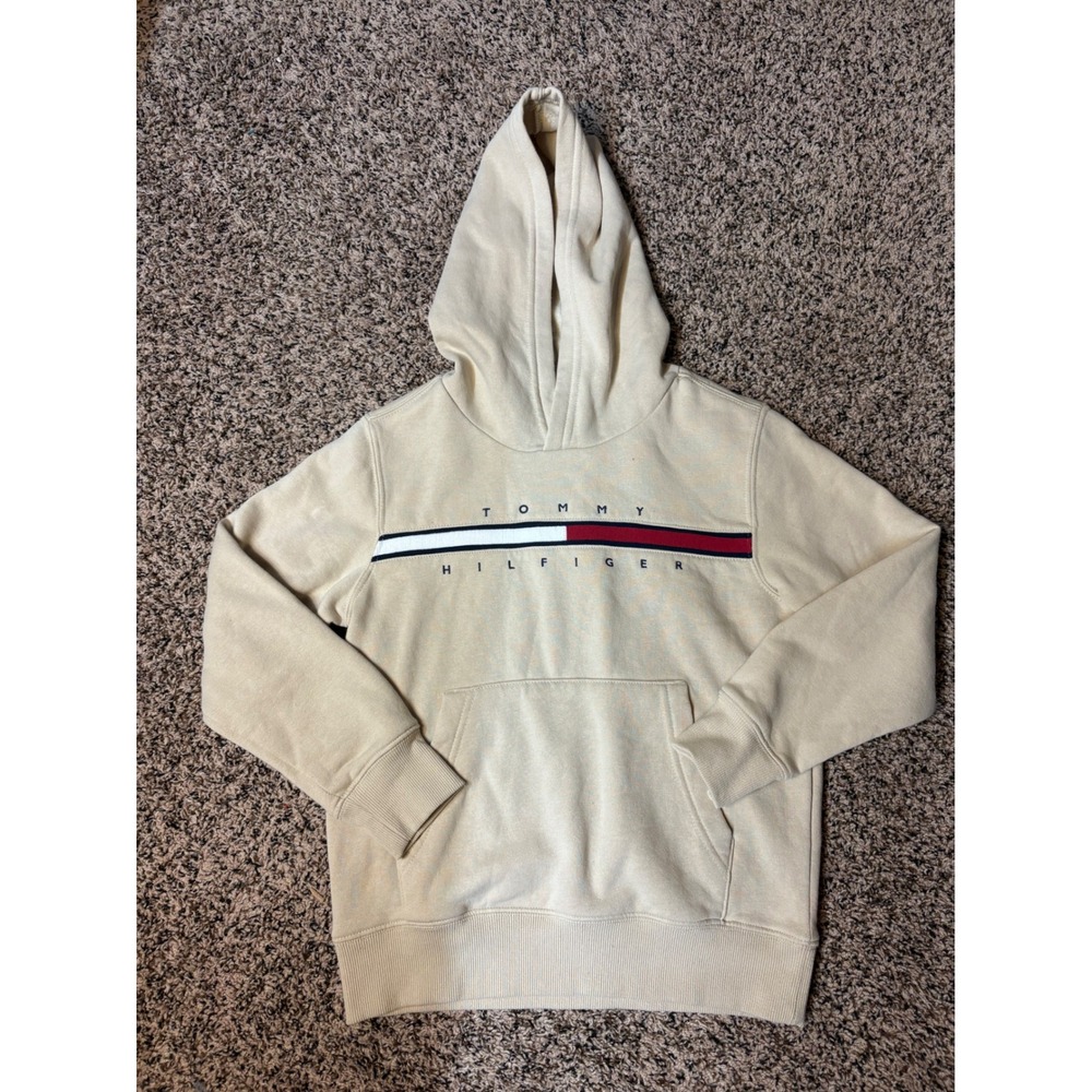 Tommy Hilfiger Boys Size 8 Pullover Soft Fleece Hoodie Beige Preppy